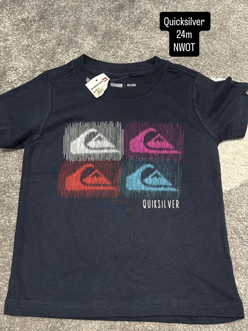 Quiksilver Navy Tee with White, Pink, Red & Blue Logo Squares
